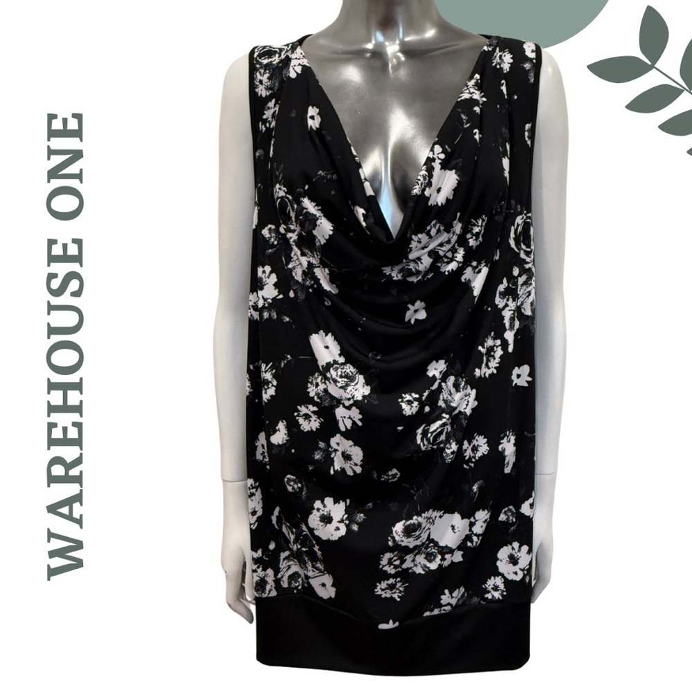 🛍️ Warehouse One Drape Neck Floral Top Open Lace Back Black Blue– Size XXL